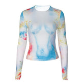 Langärmliges Oberteil mit Rundhalsausschnitt und Blumen-Bodyprint in Kontrastfarbe